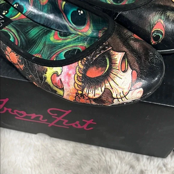 Iron Fist Black Multi Floral Skull Ballet Flats with Green Feather Accent - Picture 6 of 9